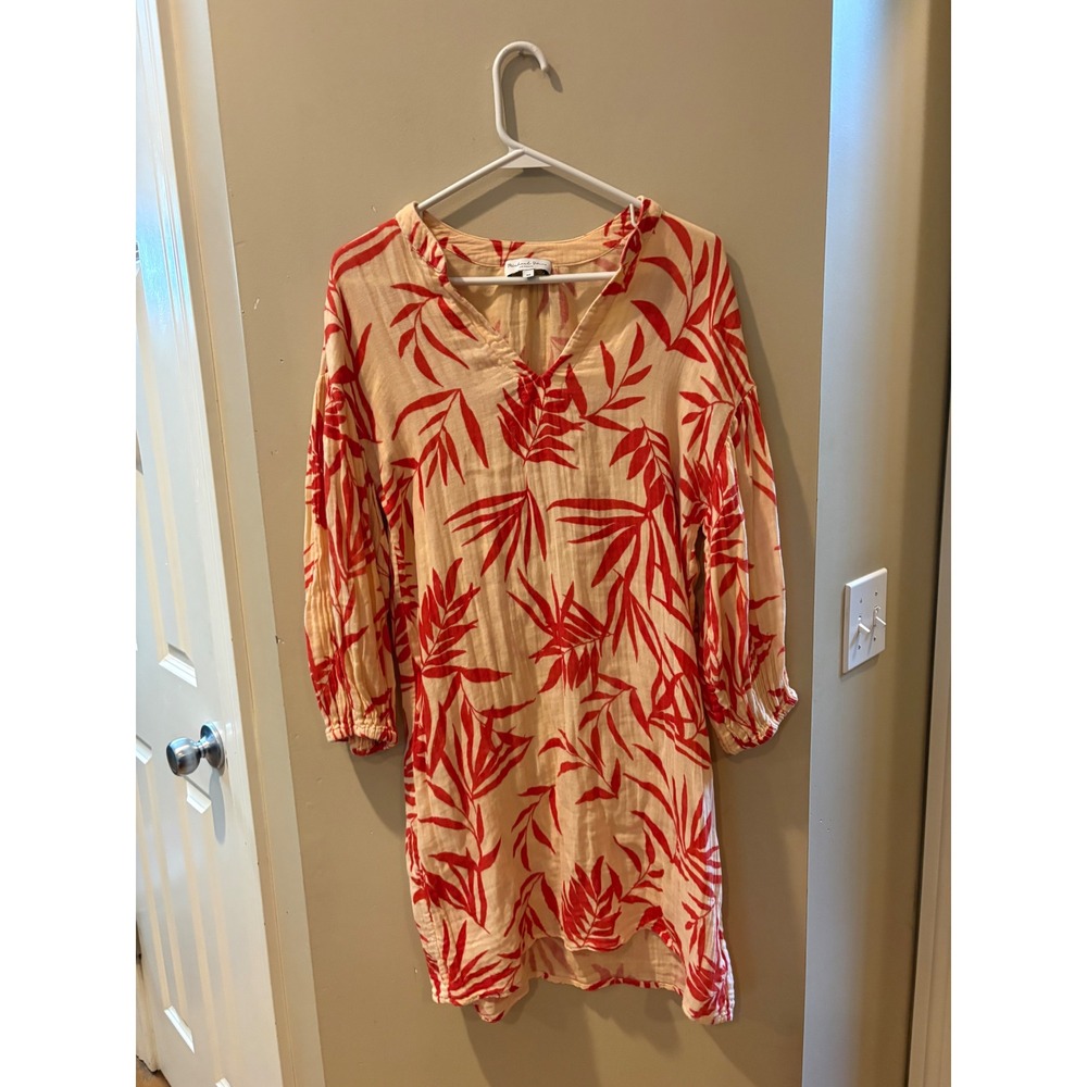 Michael Stars‎ Red Tropical Leaf Gauze Neck Shift Dress Womens XS Balloon Sleeve